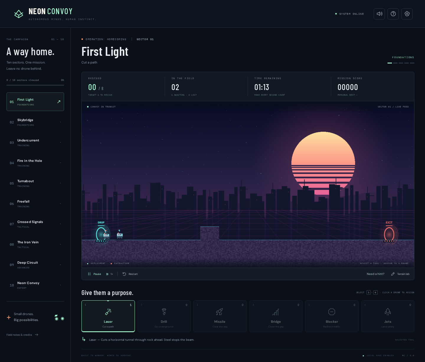 Neon Convoy game interface with rover drones and campaign terrain